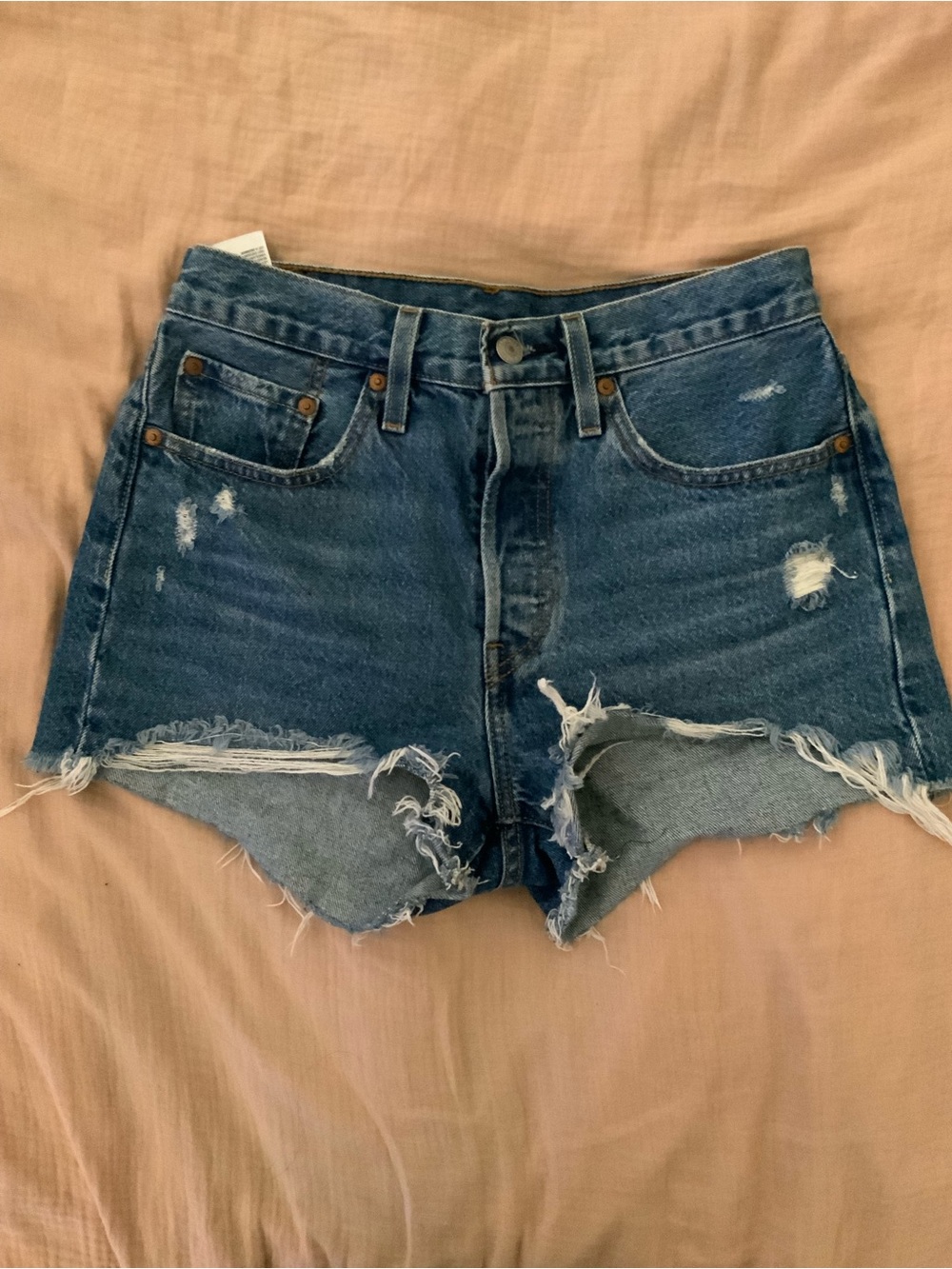 High-Rise Distressed Denim Shorts - Blue